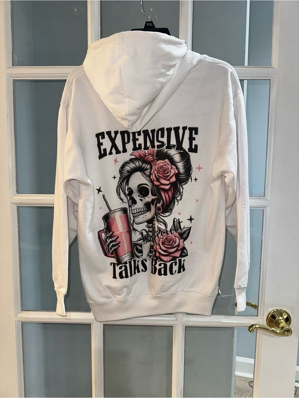 Zunie White Hoodie with Pink and Black Skull Graphic